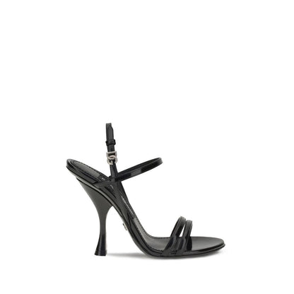 Dolce & Gabbana Black Calf Leather Bos Taurus Stiletto Heel Sandals with DG metal detail and Miami palladium plating