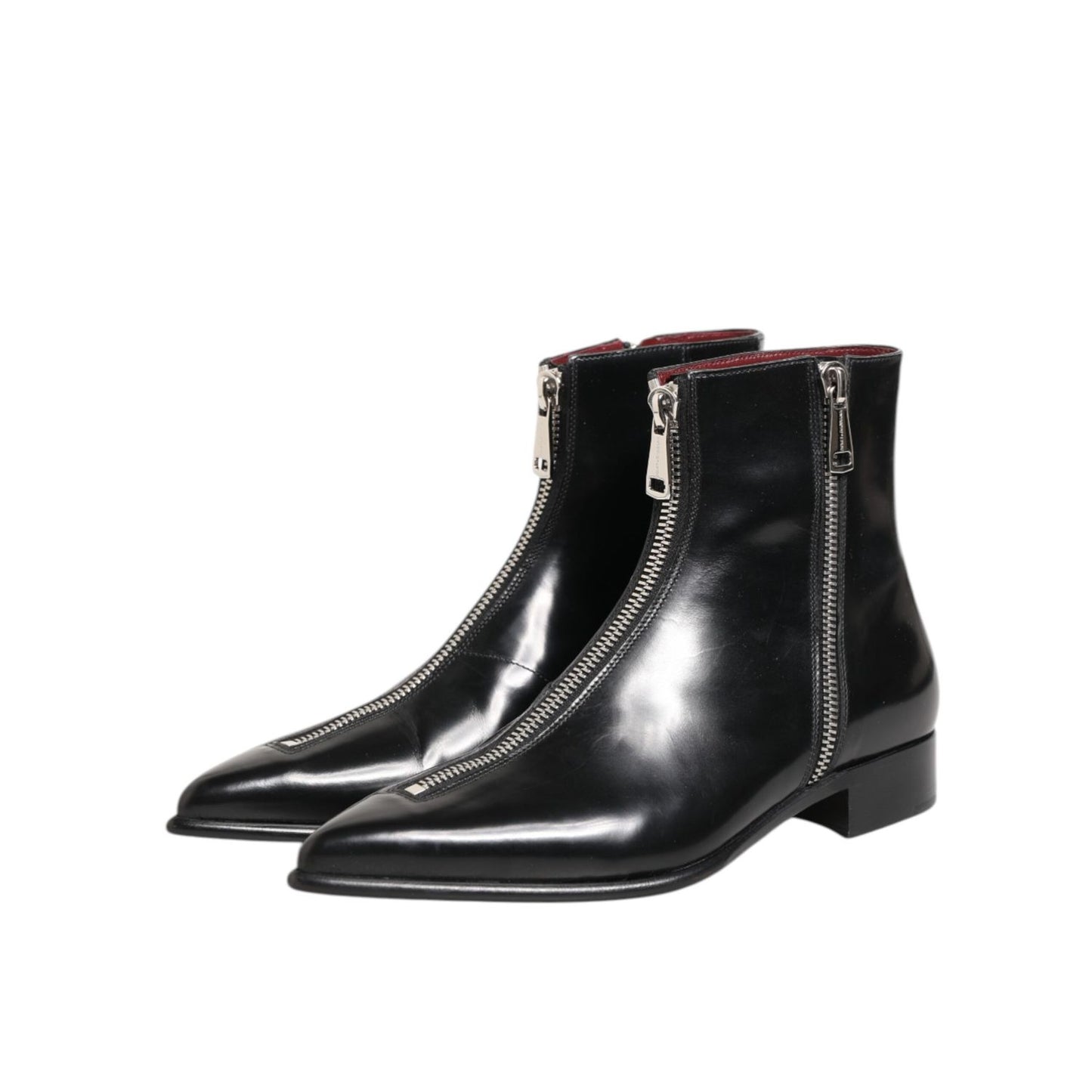 Dolce & Gabbana Black Calfskin Leather Men SHORT Boots Shoes side view with zippers and sleek design.