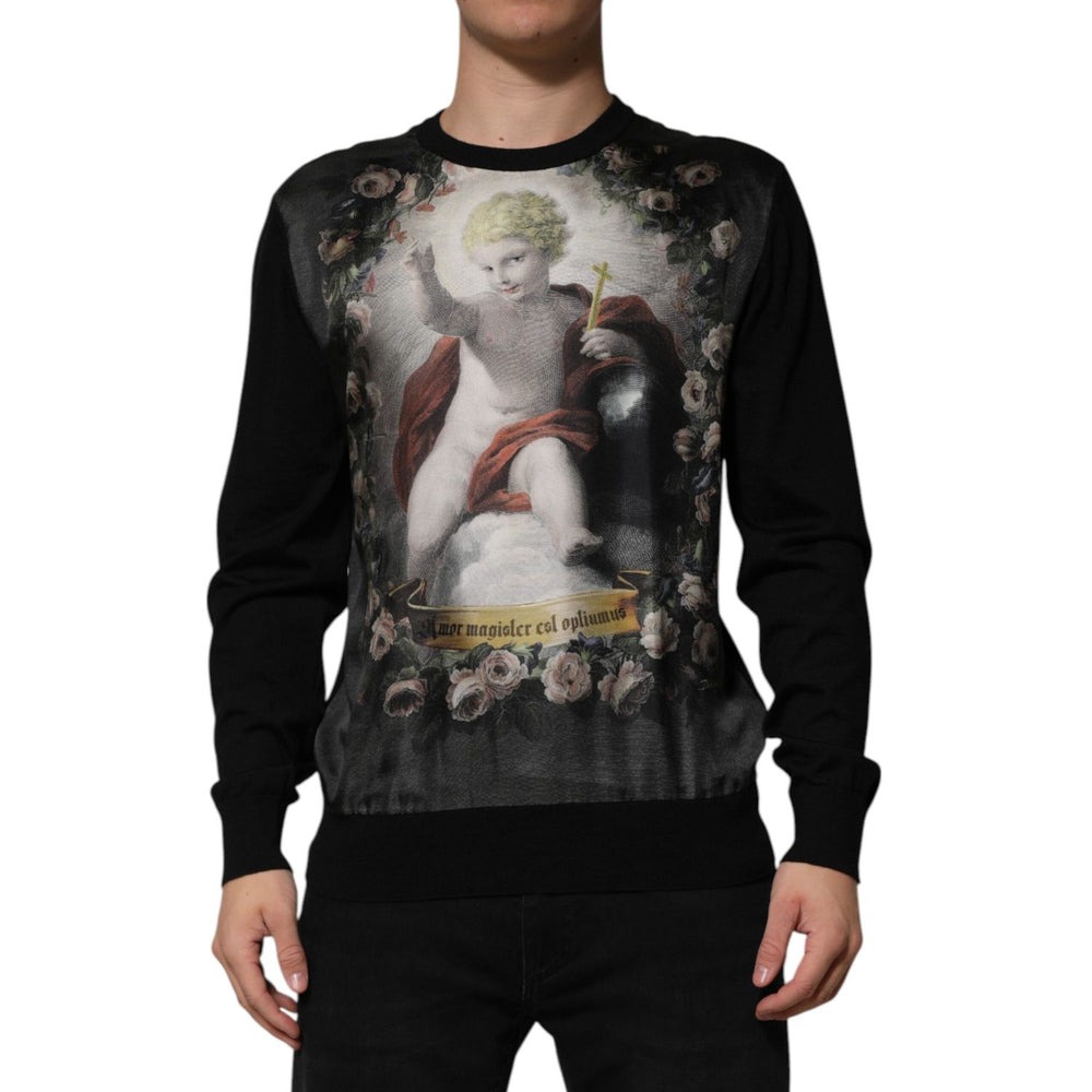 Dolce & Gabbana Black Cashmere Cherub Print Baroque Sweater with Italian elegance.