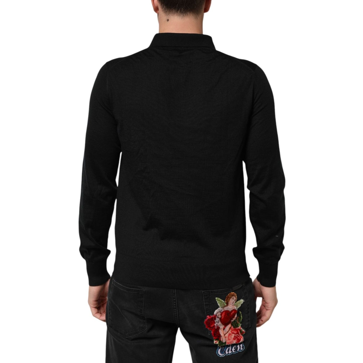 Dolce & Gabbana Black Cashmere Polo Men Longsleeves Sweater, back view showing elegant design and regular fit, 100% cashmere material.