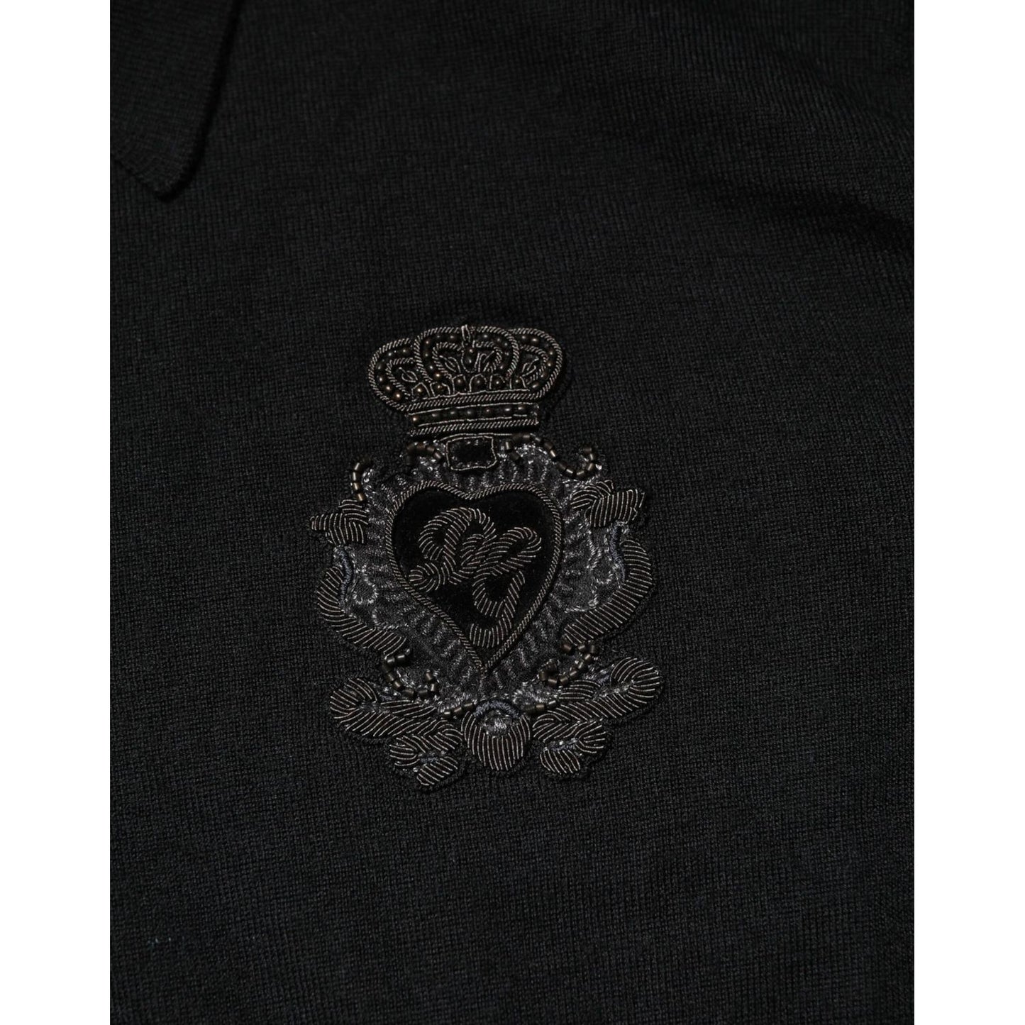 Dolce & Gabbana Black Cashmere Polo Men Longsleeves Sweater with embroidered crown crest DG logo
