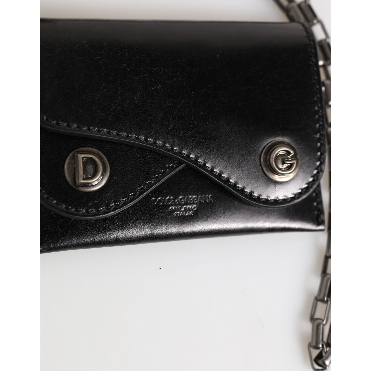 Dolce & Gabbana Black Cavallo Leather Wallet Chain Snap Bifold Card Holder