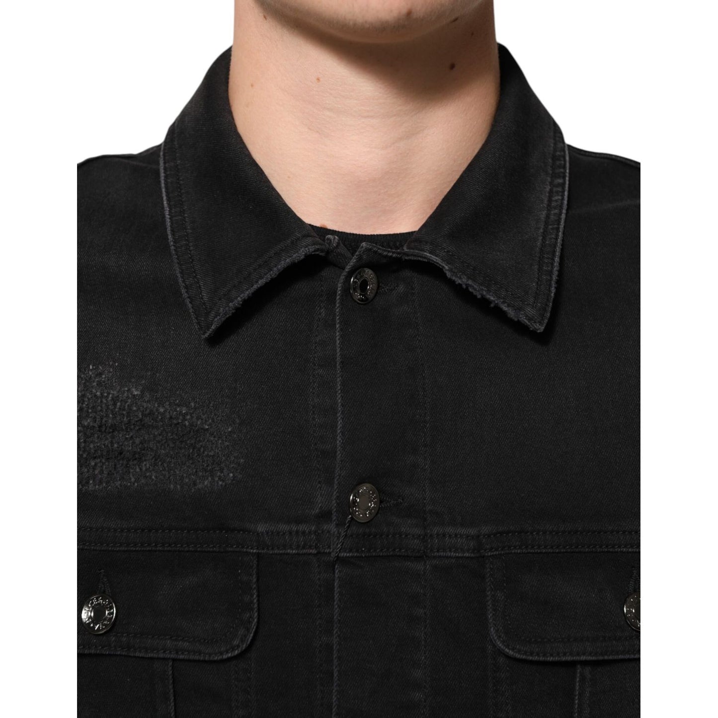 Dolce & Gabbana Black Cotton Denim Stretch Button Up Jacket with button closure and chest pockets, made in Italy.