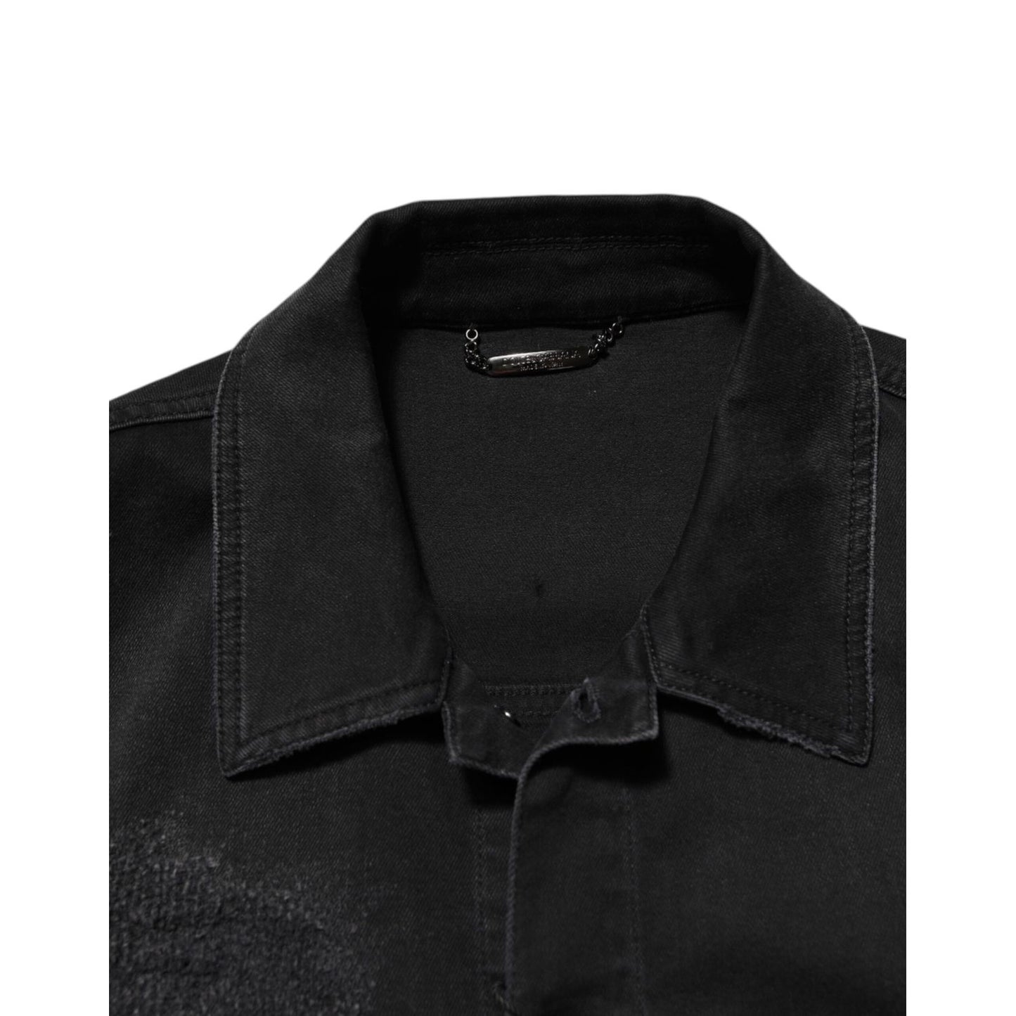 Dolce & Gabbana Black Cotton Denim Stretch Button Up Jacket collar detail