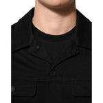 Dolce & Gabbana Black Cotton Denim Stretch Giubbotto Jacket detail, close-up of collar and chest pockets, luxury Italian fashion