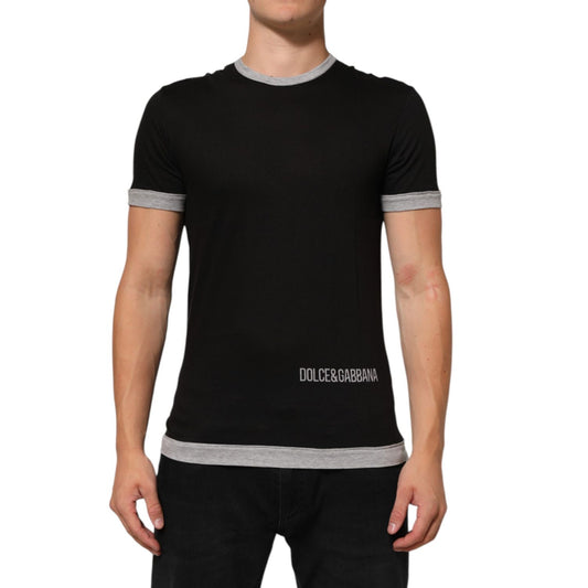 Dolce & Gabbana Black Cotton Logo Print Men Crew Neck T-shirt
