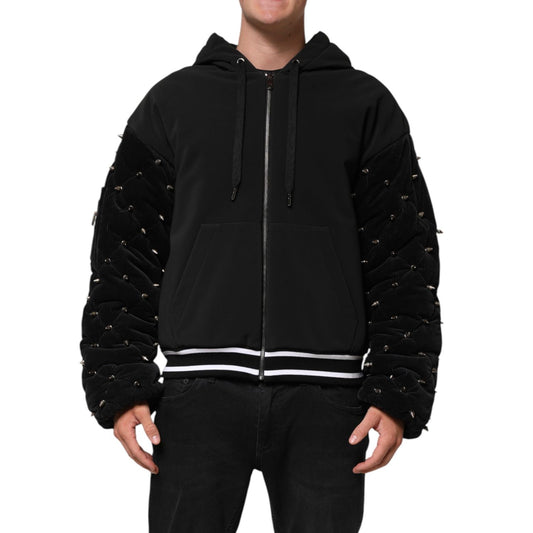 Dolce & Gabbana Black Cotton Quilted Studded Sleeve Hoodie Jacket with zipper closure, showcasing luxury Italian craftsmanship.