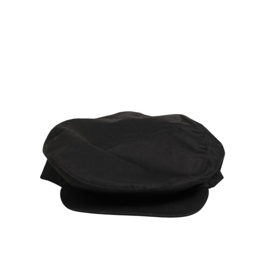 Dolce & Gabbana Black Cotton Stretch Newsboy Cloth Capello Hat with paneled crown and DG logo, perfect for vintage-inspired fashion.