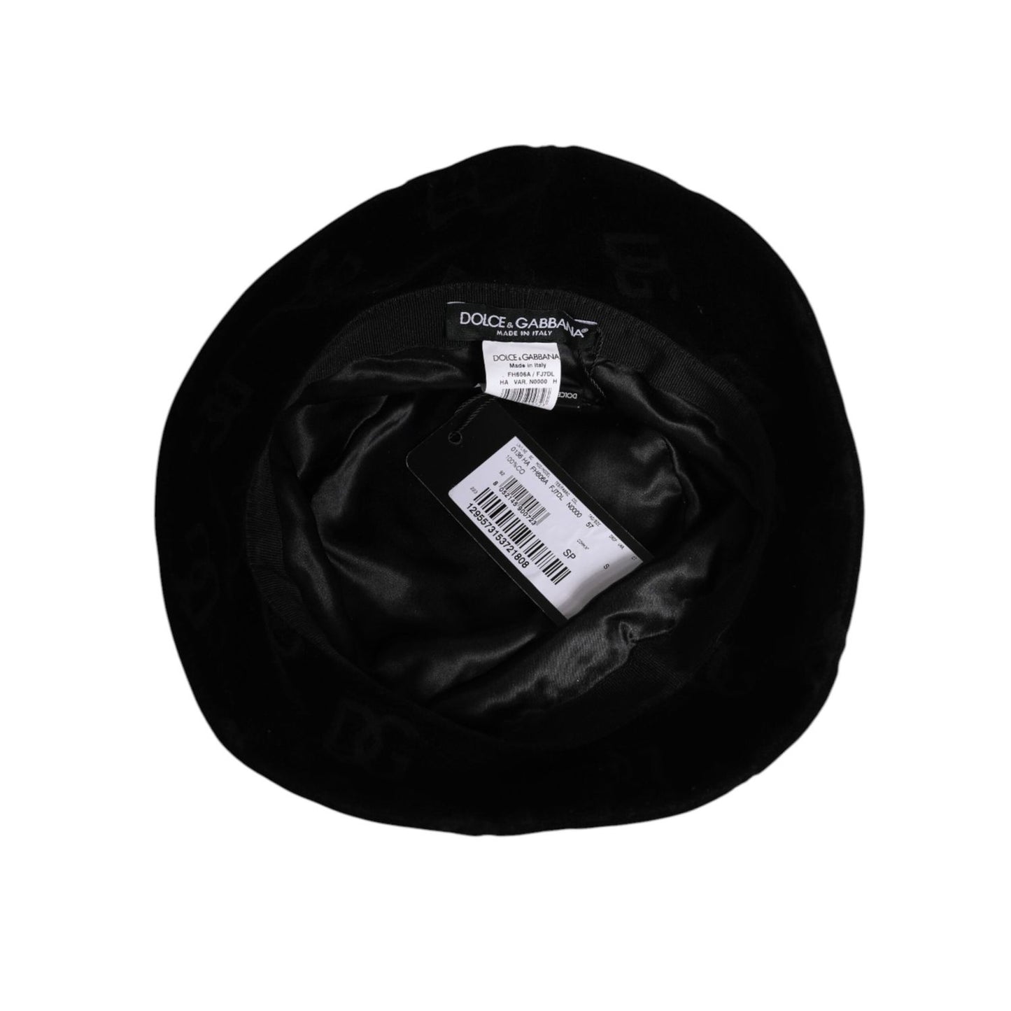 Interior view of Dolce & Gabbana Black Cotton Suede Bucket Logo Capello Hat featuring a logo tag and barcode.