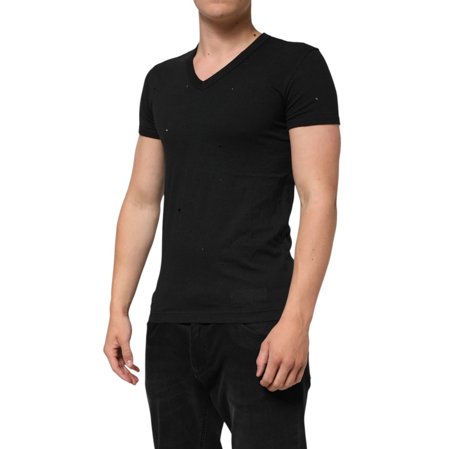Dolce & Gabbana Black Cotton Tattered Logo V-Neck Men T-shirt