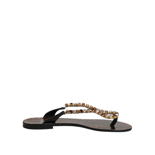 Dolce & Gabbana Black Crystals Flats Sandals Beachwear Shoes with crystal embellishments and open-toe design, side view.