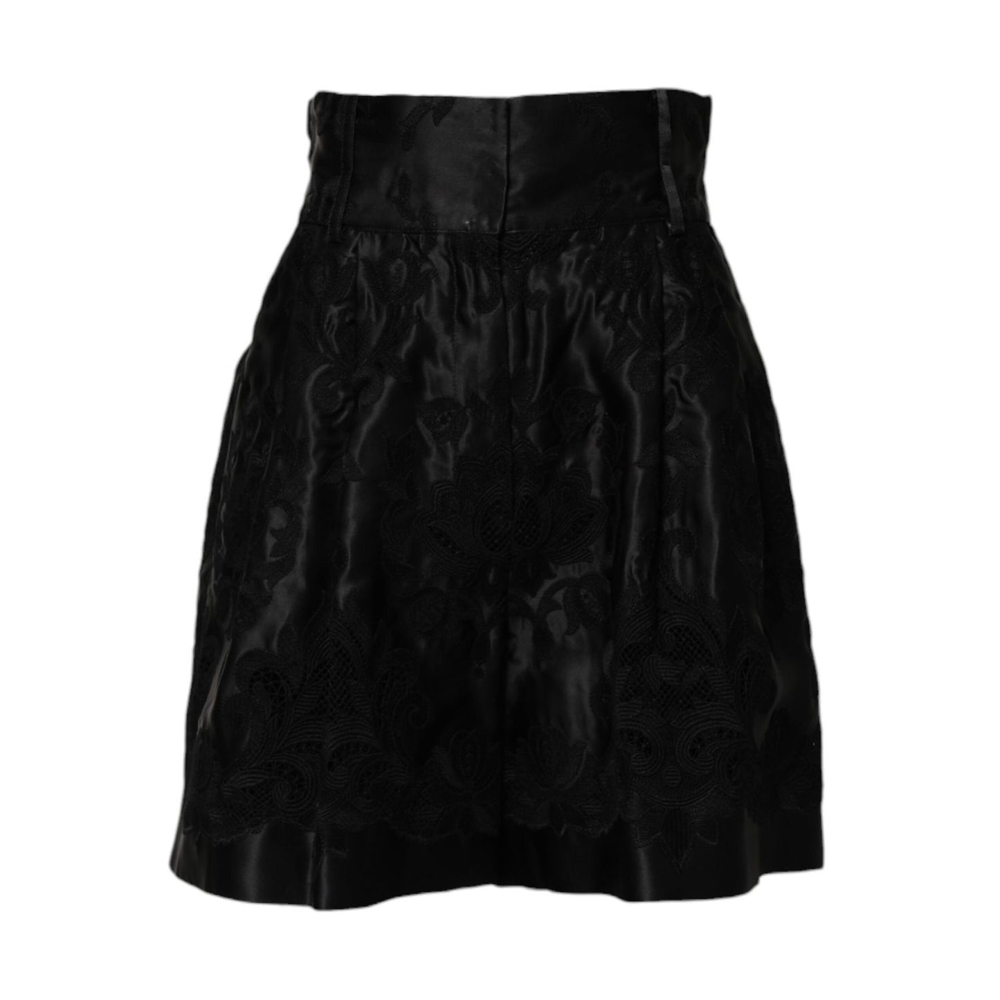 Dolce & Gabbana Black Floral Embroidery Silk High Waist Shorts