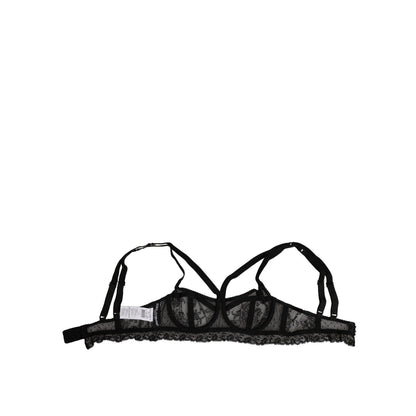 Dolce & Gabbana Black Floral Lace Nylon Balconcino Bra Underwear - Elegant design, crafted in Italy with hook closure and logo details.