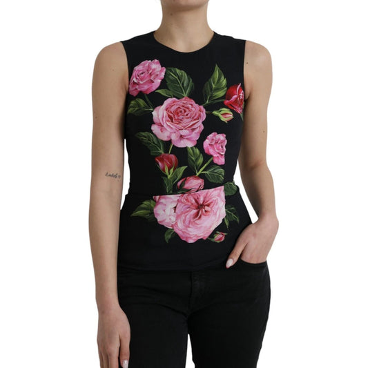Dolce & Gabbana Black Floral Viscose Round Neck Tank Top with pink flower print, made in Italy, sleeveless design with logo details