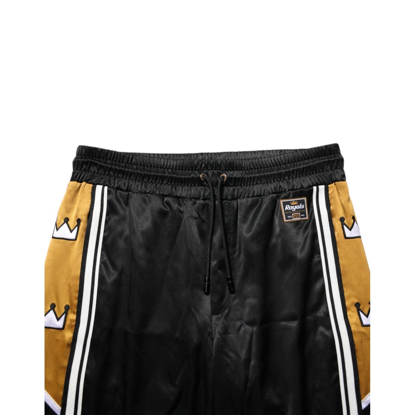 Dolce & Gabbana Black Gold Satin Crown Side Stripe Jogger Pants with embroidered crown motifs and elastic waistband.