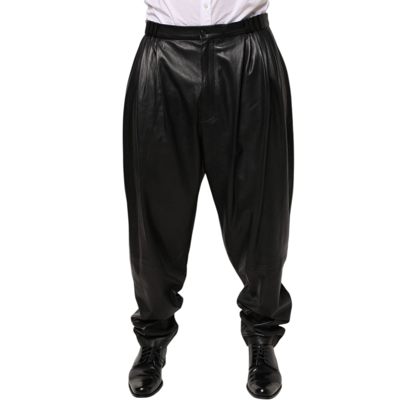 Dolce & Gabbana Black Lamb Leather Trousers Men Pants shown in front view with button and zip closure.