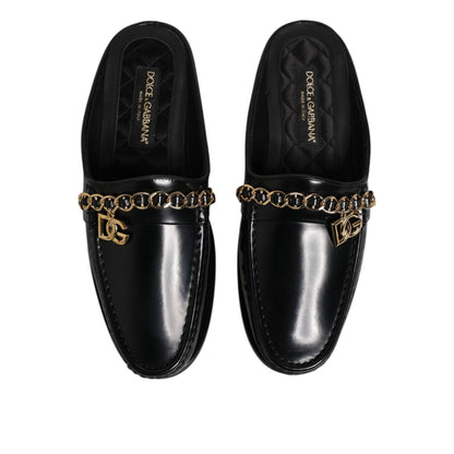 Dolce & Gabbana Black Leather DG Chain Embellished Sandals Shoes