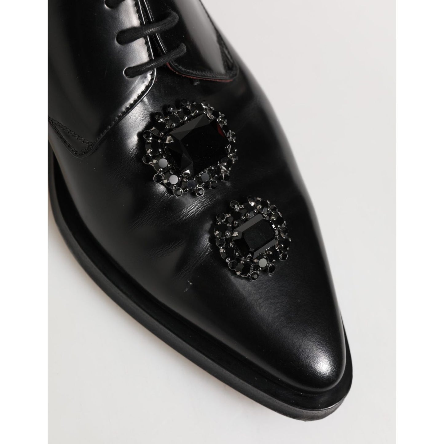 Dolce & Gabbana Black Leather Jeweled Crystals Derby Shoes with lace-up design and sparkling embellishments.