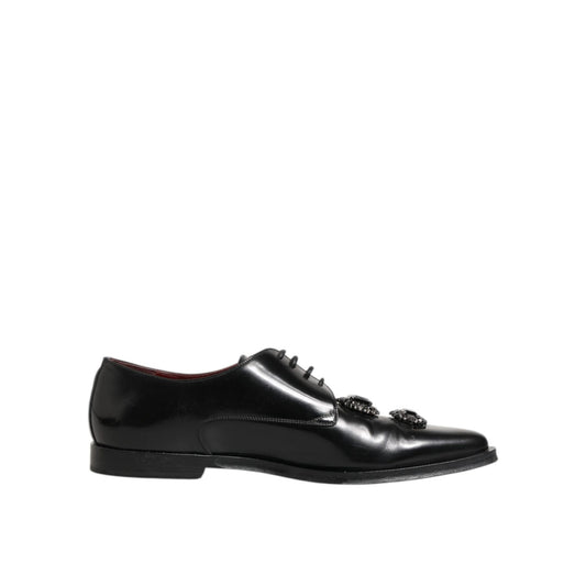 Dolce & Gabbana Black Leather Jeweled Crystals Derby Shoes - elegant, sophisticated lace-up men's footwear with crystal embellishments.