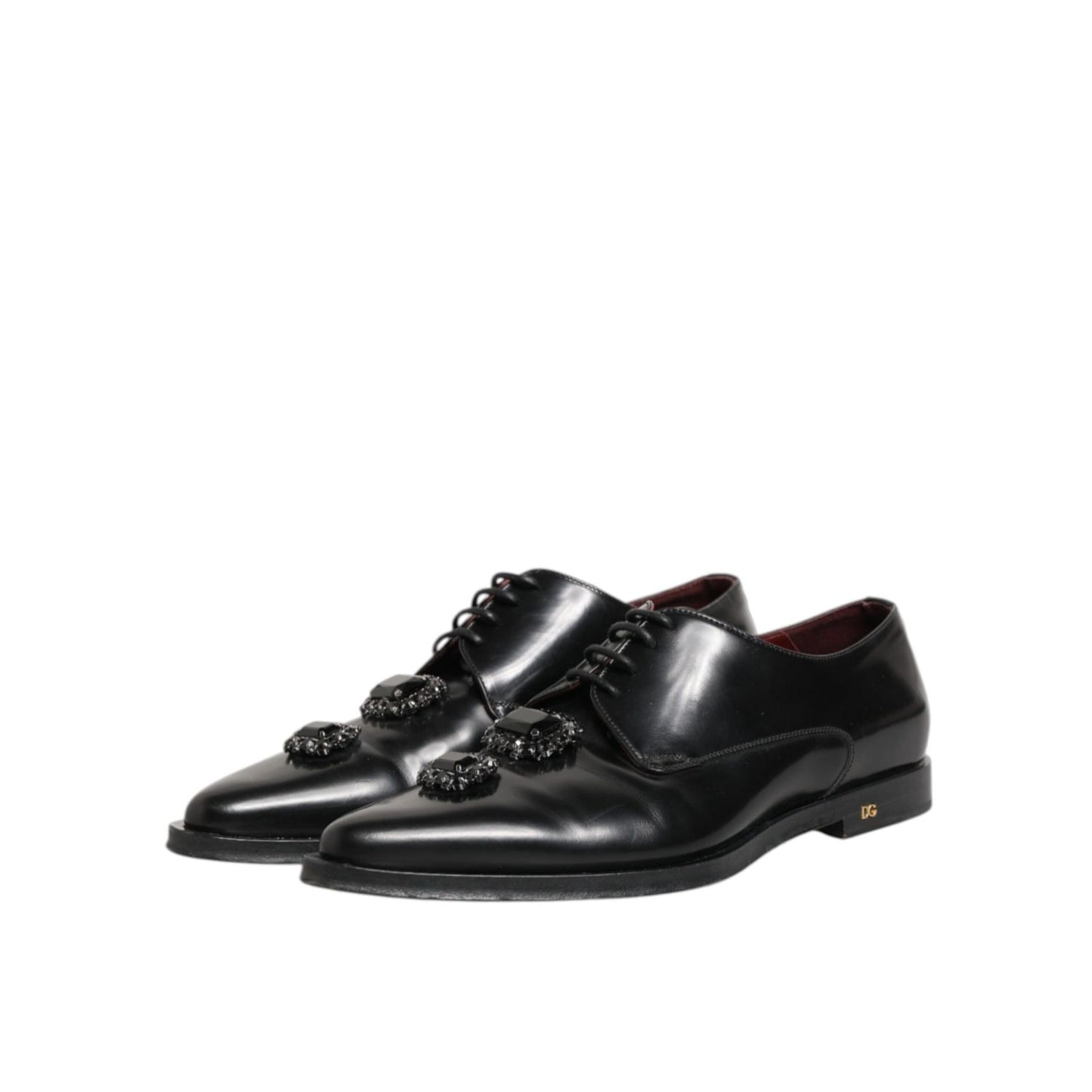 Dolce & Gabbana Black Leather Jeweled Crystals Derby Shoes with lace-up design