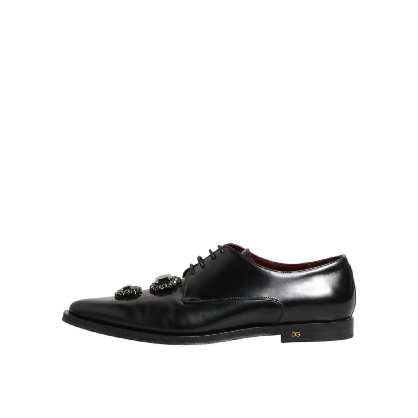 Dolce & Gabbana Black Leather Jeweled Crystals Derby Shoes, elegant lace-up design with crystal embellishments, luxury footwear