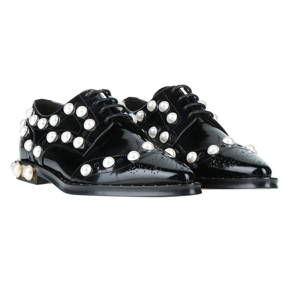 Dolce & Gabbana Black Leather Oxfords And Derby with white bead embellishments, made in Italy, 100% leather, narrow toe design.