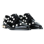 Dolce & Gabbana Black Leather Oxfords And Derby with white bead embellishments, made in Italy, 100% leather, narrow toe design.