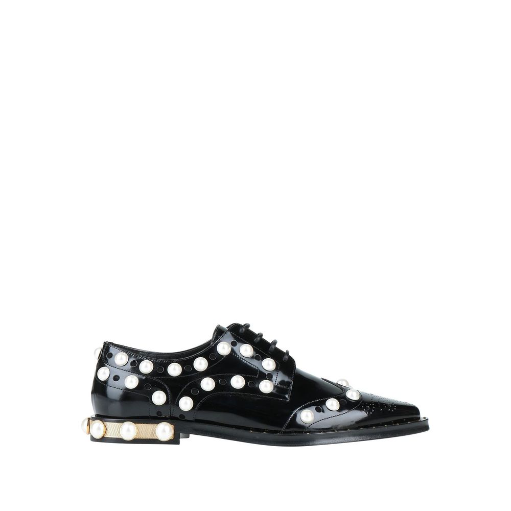 Dolce & Gabbana Black Leather Oxfords And Derby with white beads, narrow toe, 100% leather, made in Italy shoes.