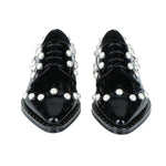 Dolce & Gabbana Black Leather Oxfords And Derby with white beads and narrow toe, made in Italy. 100% leather fashion shoes.
