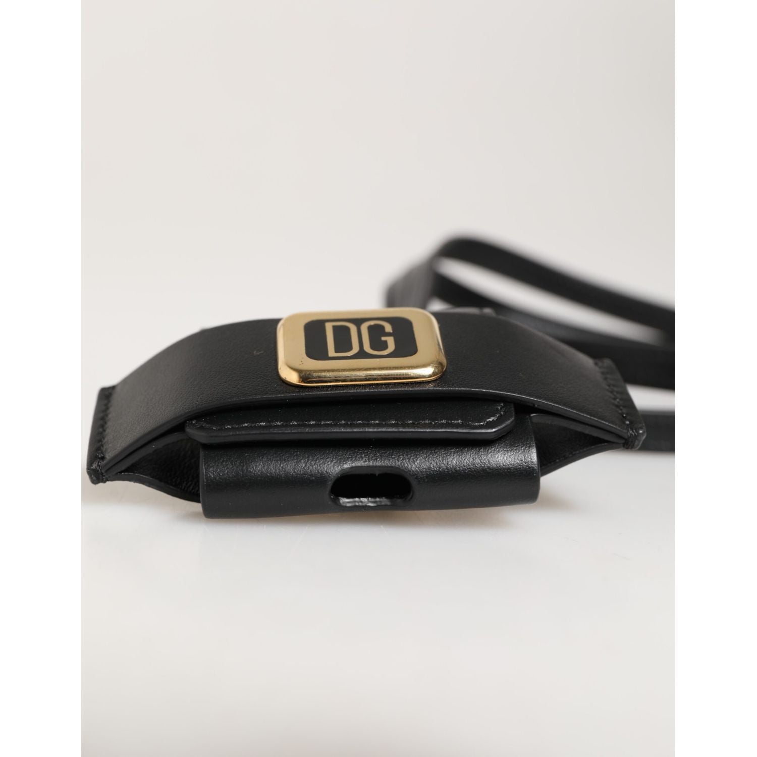 Dolce & Gabbana Black Leather Strap Gold Metal DG Logo Plaque Airpods Case