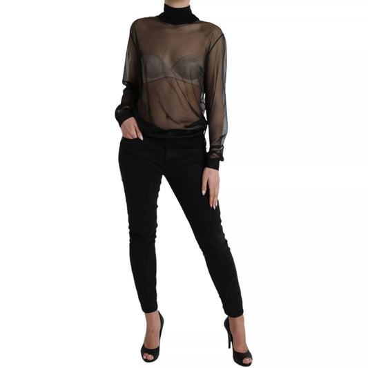 Dolce & Gabbana Black Mesh Turtleneck Sheer Blouse Top, long sleeves, 100% polyester, with minor defects shown in image, made in Italy.
