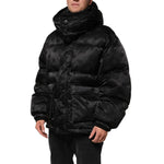 Dolce & Gabbana Black Monogram Logo Puffer Nylon Hooded Jacket with subtle DG design, full zip, and storm flap.