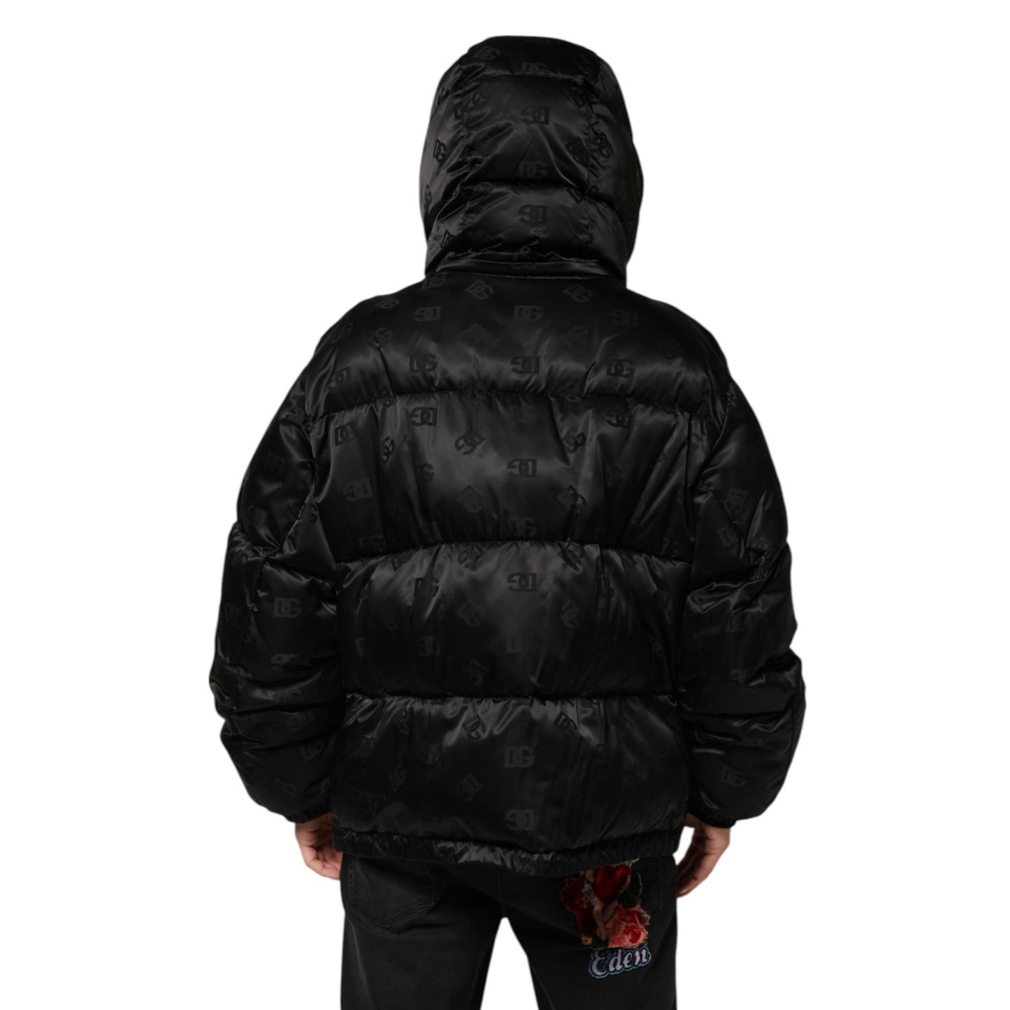 Dolce & Gabbana Black Monogram Logo Puffer Nylon Hooded Jacket back view, showing subtle DG logo and padded design.