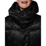 Dolce & Gabbana Black Monogram Logo Puffer Nylon Hooded Jacket featuring subtle DG design, front zip, snap-button storm flap, and hood.