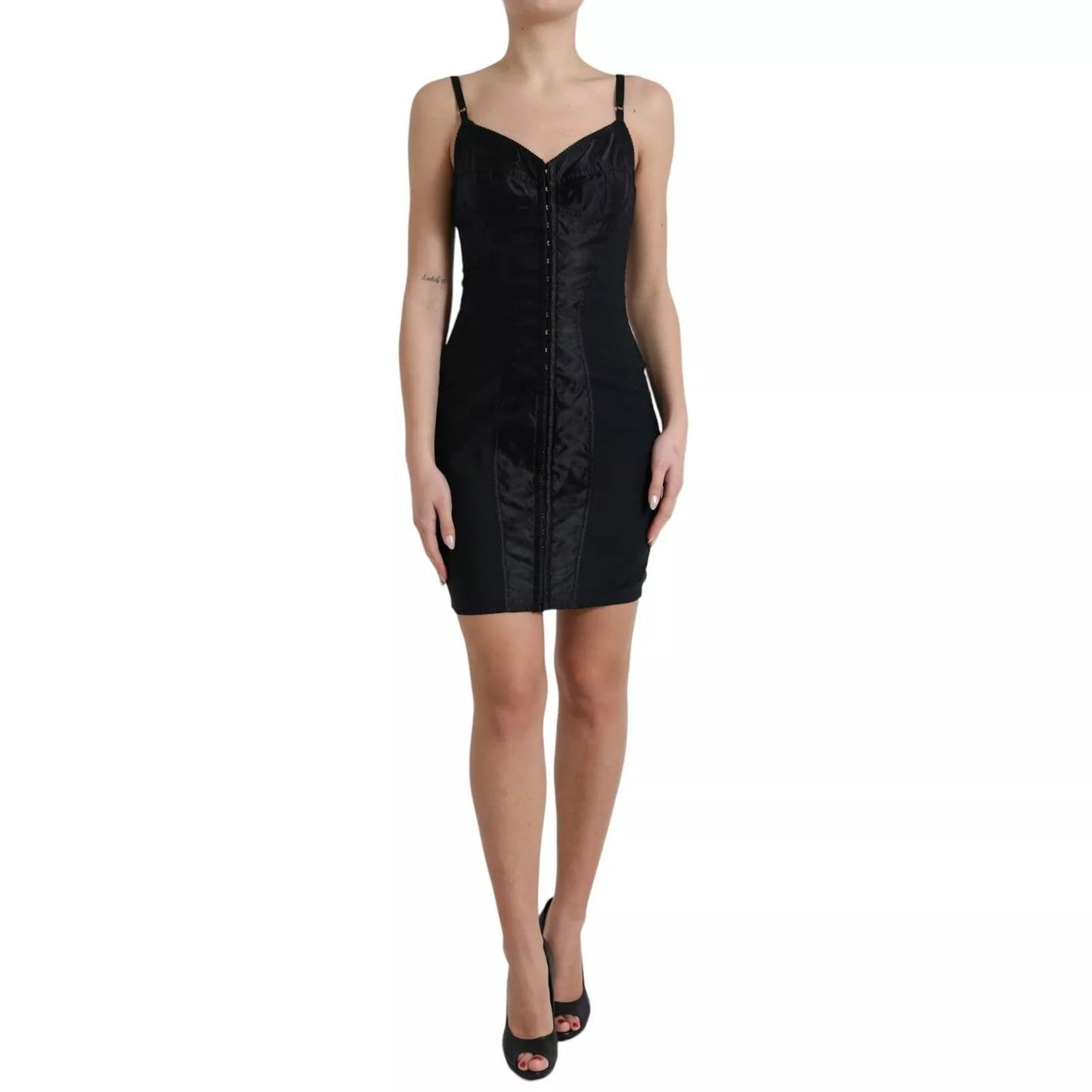 Dolce & Gabbana Black Nylon Bodycon Corset Bustier Mini Dress with spaghetti straps and hook & eye closure, displayed on model.