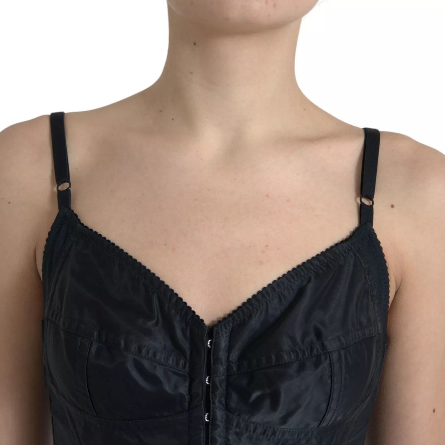 Dolce & Gabbana Black Nylon Bodycon Corset Bustier Mini Dress with spaghetti straps and hook and eye closure.