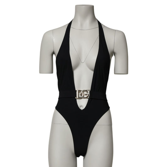 Dolce & Gabbana Black Nylon Deep V-Neck One Piece Swimwear