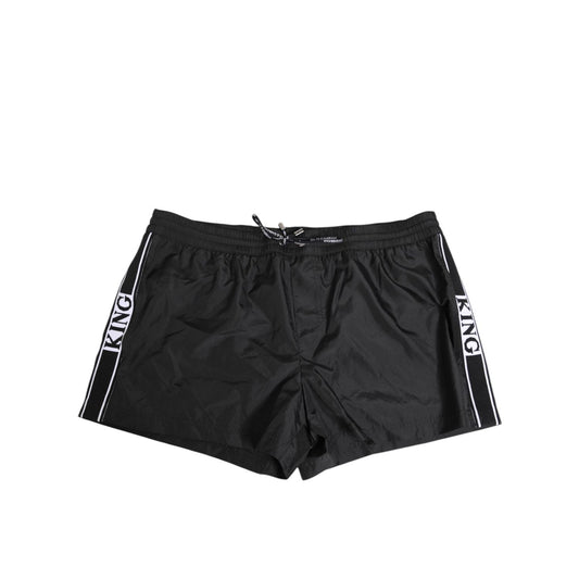Dolce & Gabbana Black Nylon KING Sideband Men Boxer Shorts Swimwear with logo sidebands and drawstring waistband.
