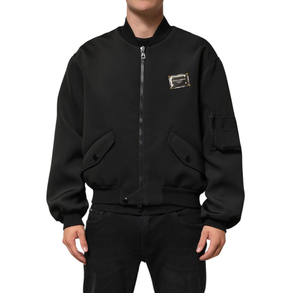 Dolce & Gabbana Black Polyester Logo Plaque Bomber Jacket with zip closure and utility pocket on sleeve.