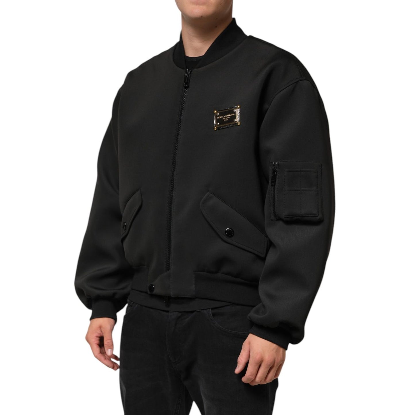 Dolce & Gabbana Black Polyester Logo Plaque Bomber Jacket with front pockets and utility sleeve pocket.