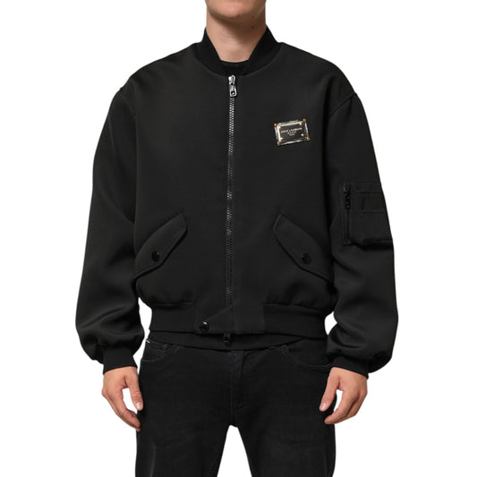 Dolce & Gabbana Black Polyester Logo Plaque Bomber Jacket with zip closure and utility pocket on sleeve.