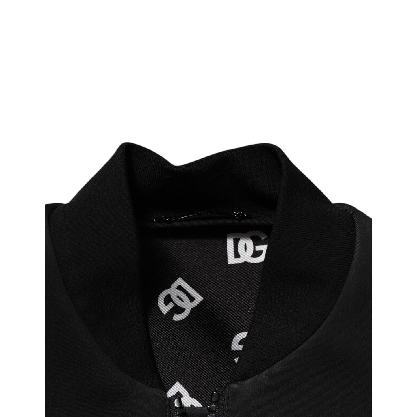 Dolce & Gabbana Black Polyester Logo Plaque Bomber Jacket collar detail showcasing brand interior design.