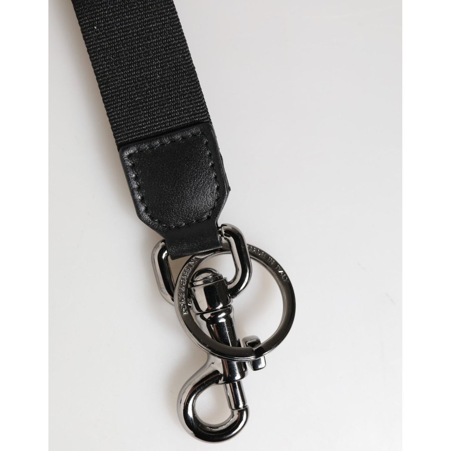 Dolce & Gabbana Black Red Logo Polyester Brass Holder Keychain Keyring with silver metal detailing on white background.