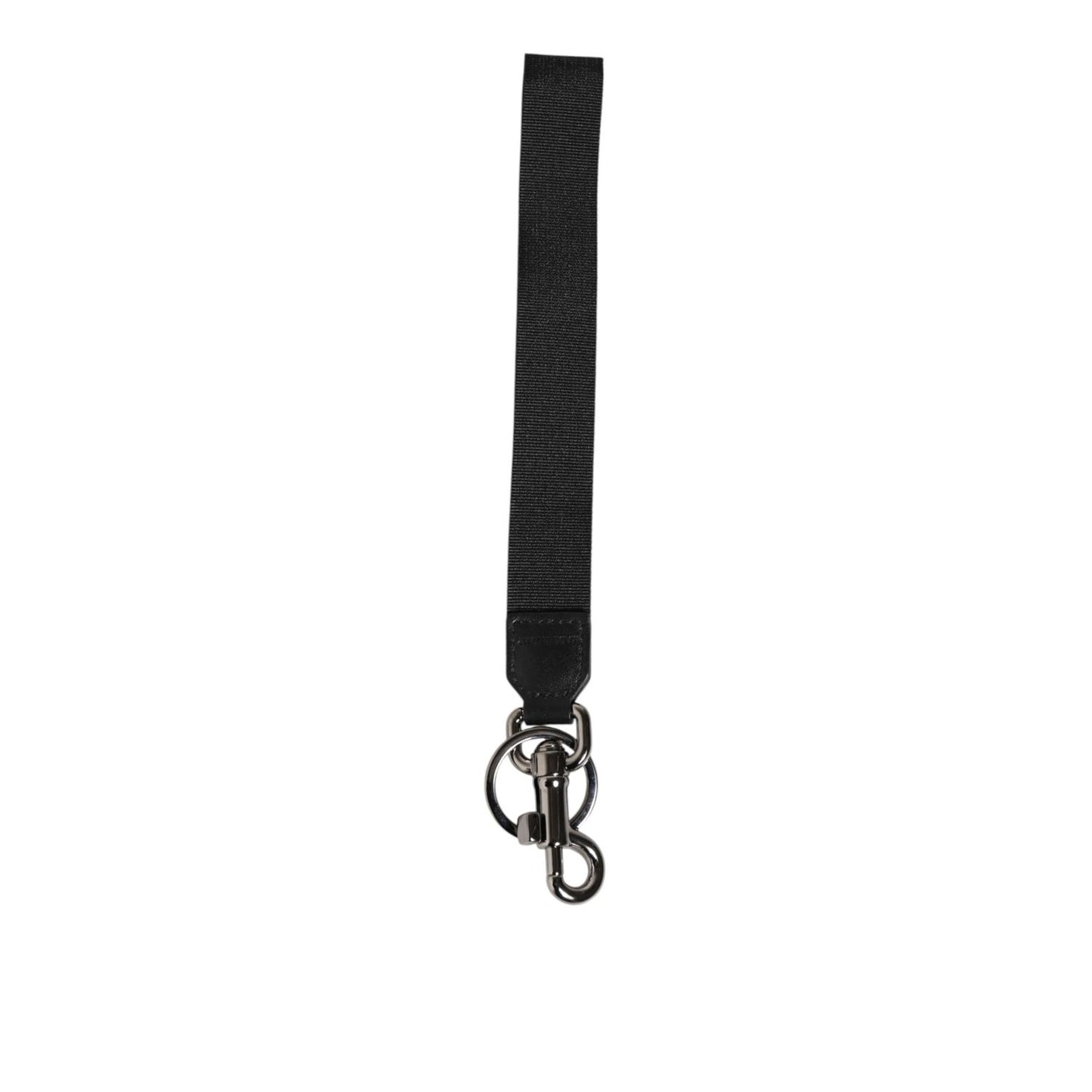 Dolce & Gabbana Black Red Logo Polyester Brass Holder Keychain Keyring with stylish black strap and silver detailing.
