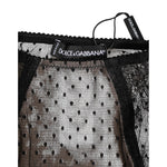 Close-up view of Dolce & Gabbana Black Sheer Polka Dot Lace High Waist Underwear featuring elegant lace and polka dot mesh design.