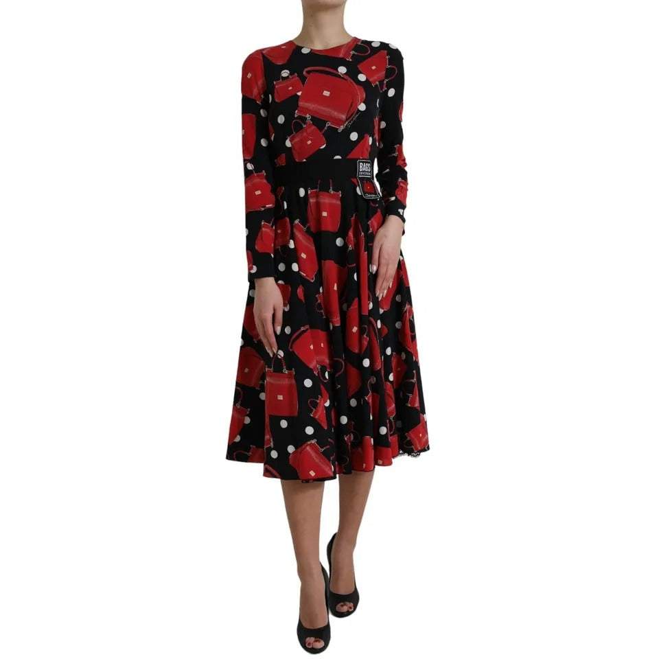 Dolce & Gabbana Black Sicily Bag Print Flared Midi Dress with red bag print, fitted waist, flared skirt, and decorative patch.