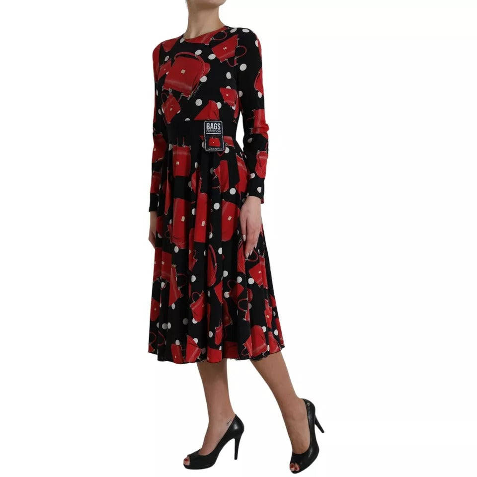 Dolce & Gabbana Black Sicily Bag Print Flared Midi Dress with red bag motif and fitted waist, perfect for elegant occasions.