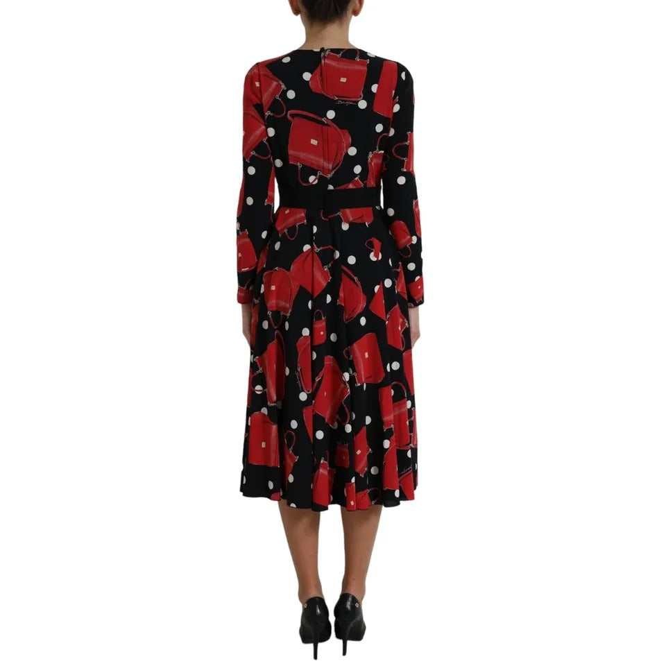 Back view of Dolce & Gabbana Black Sicily Bag Print Flared Midi Dress with red and black design, featuring long sleeves and flared skirt.