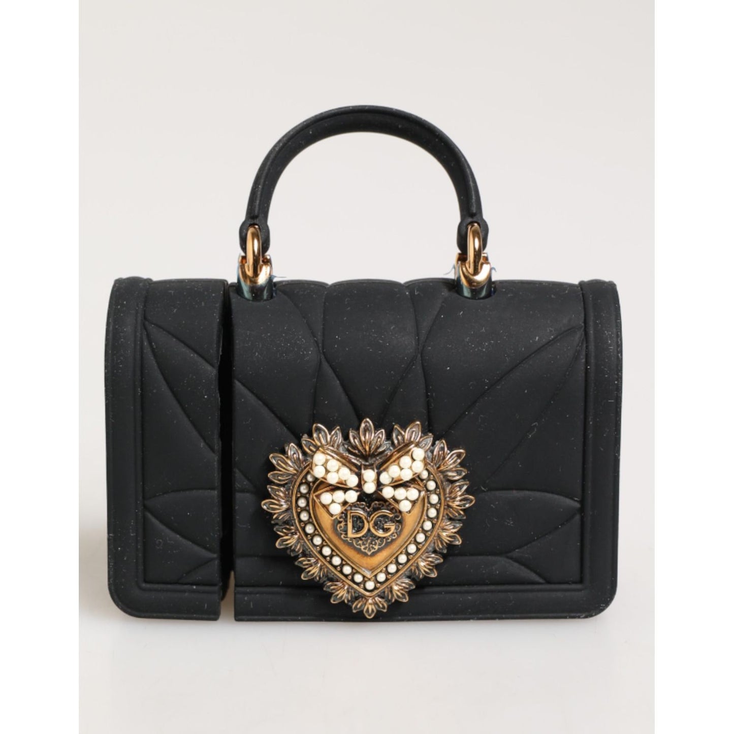 Dolce & Gabbana Black Silicone Devotion Heart Cover Hand Bag Airpod Case with quilted effect and gold logo plaque.