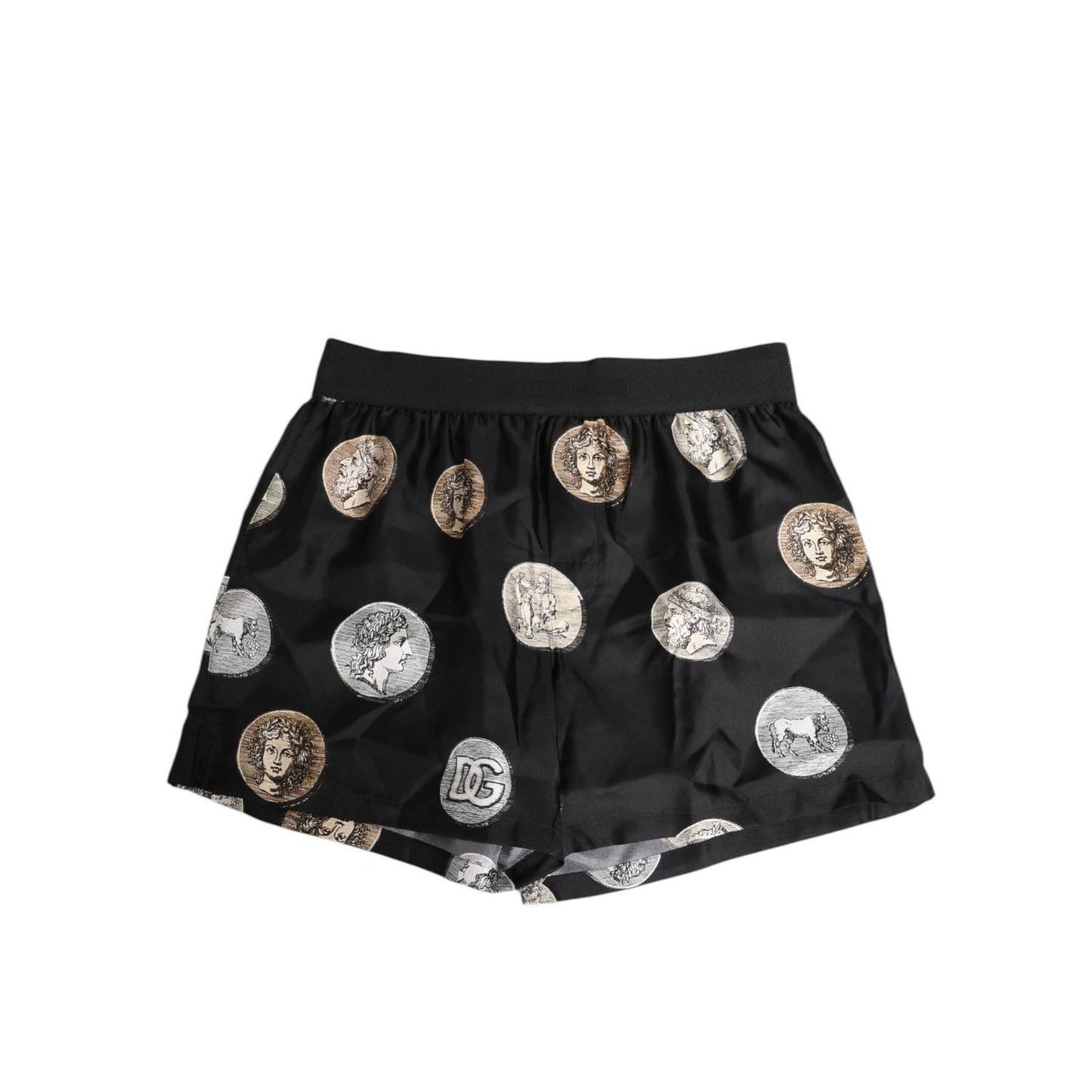 Dolce & Gabbana Black Silk Ancient Coin Print Boxer Short Swimwear featuring elastic waistband and luxurious Italian design.